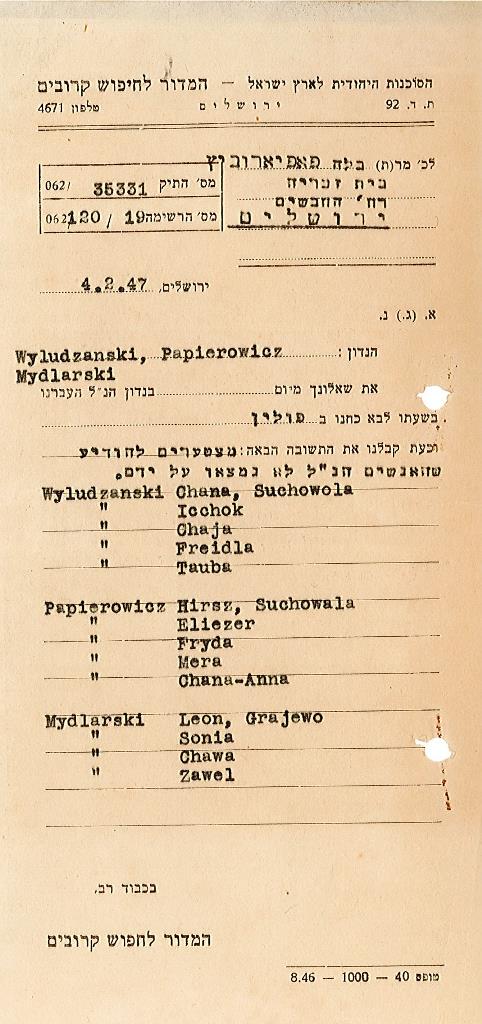 תשובת המדור לחיפוש קרובים של הסוכנות היהודית לבלה פפירוביץ'